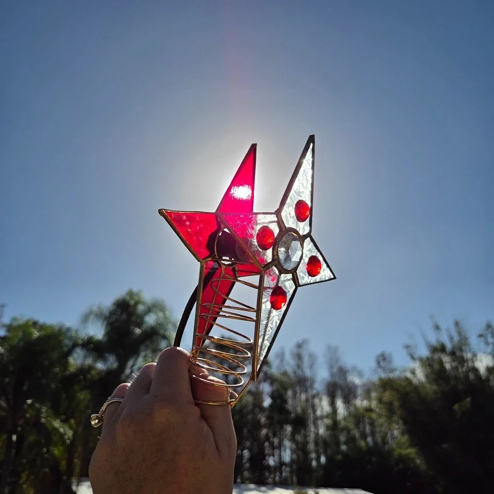 Vintage Tiffany Style‎ Stained Glass Christmas Tree Topper Lighted Red Gold